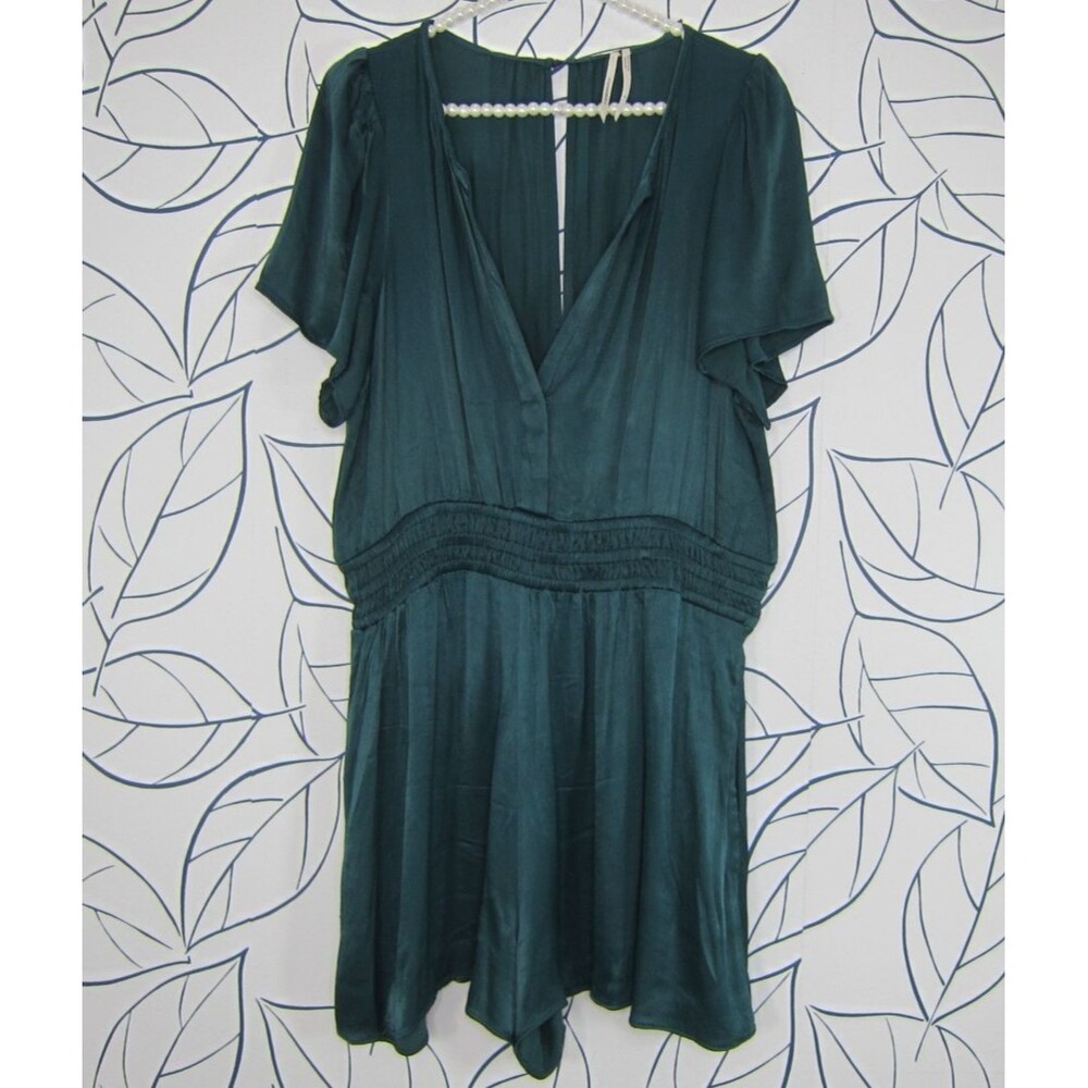Anthropologie The Somerset Satin Romper Smocked Waist Pocket Teal Size XL